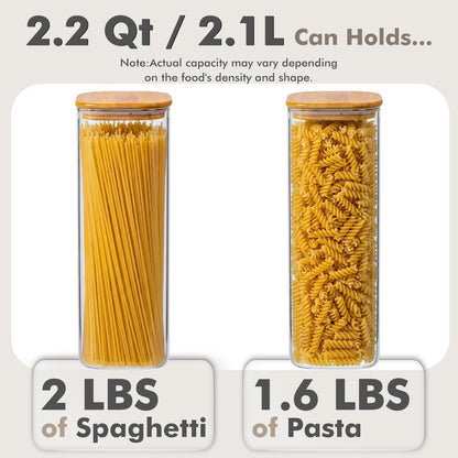 3-Pack 2.2Qt Square Glass Spaghetti Jars with Bamboo Lids, Tall Food Storage Containers for Pantry Organization, Elegant Kitchen Storage Canister for Pasta, Penne, Macaroni, Lasagna, Fusilli