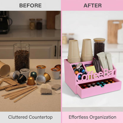 Coffee Bar Organizer for Countertop – Wooden Coffee Caddy with Compartments for Pods, Sugar Packets, and Accessories – Coffee Condiment Station Storage for Home and Office (Black)