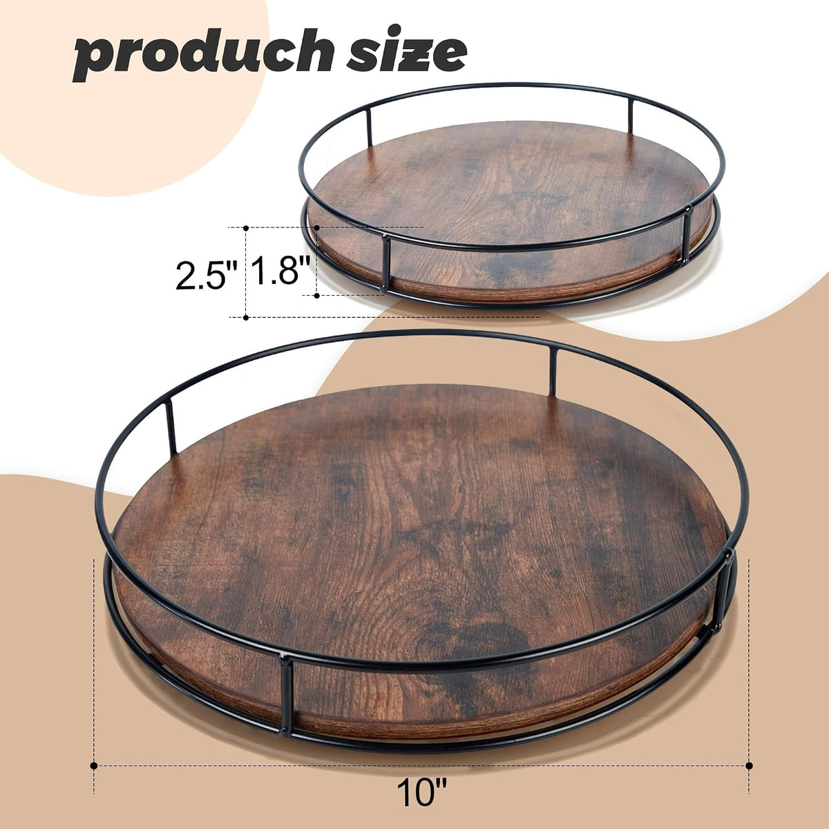 9" Acacia Wood Lazy Susan Turntable, Tomoaza Kitchen Organizer Turntable with Steel Sides, 360 Degree Lazy Susan for Countertop Cabinet or Dining Table