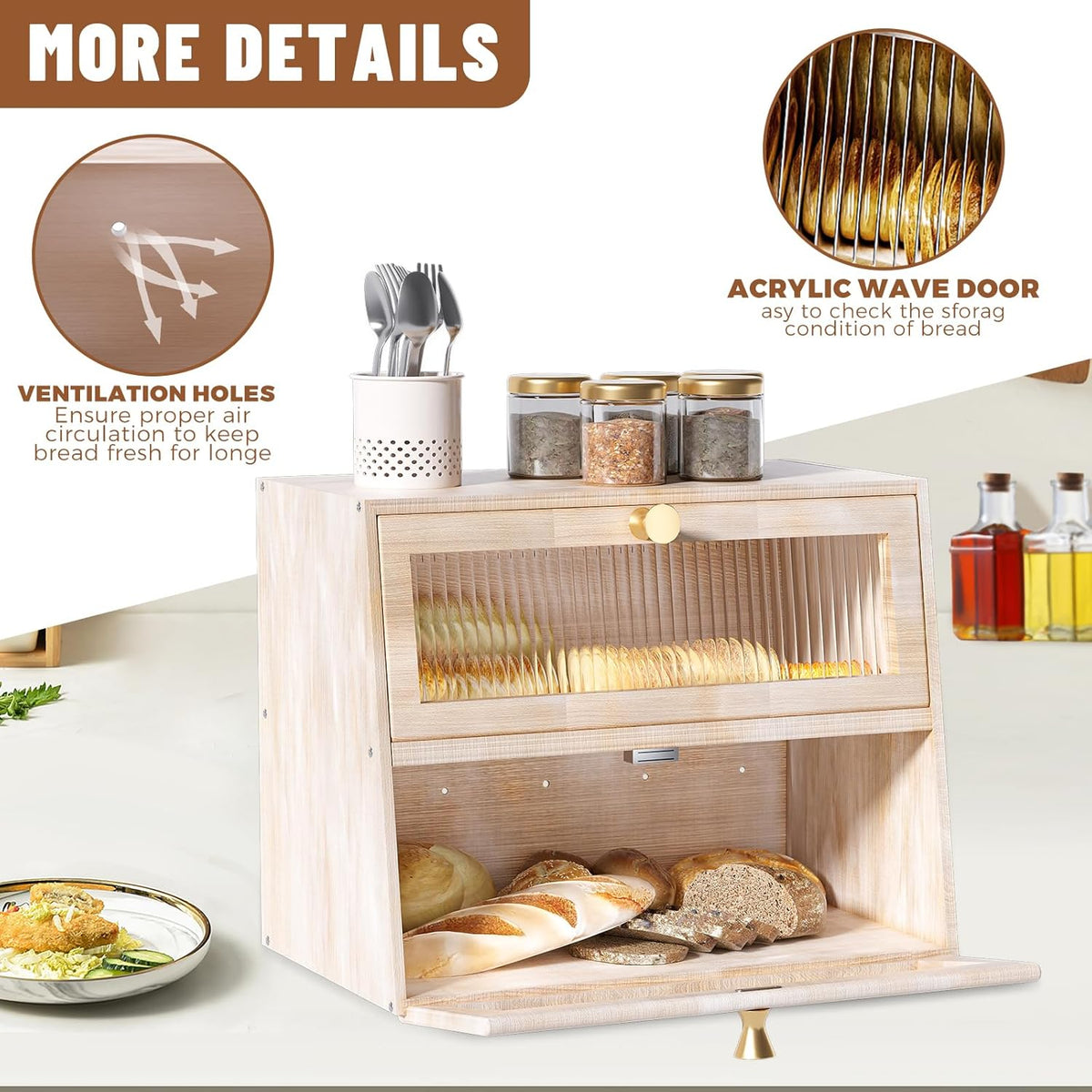 Bread Box for Kitchen Countertop,Extra Large 2 Layer Breadbox Wooden Farmhouse Bread Storage Container Bread Bin Bread Holder Food Organizer Pantry Shelf Acrylic Window(Black)