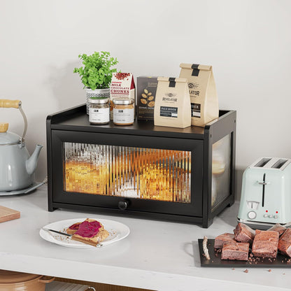 BAMBANG Bamboo Bread Box for Kitchen Countertop, Extra Large Farmhouse Bread Box with 4-Side Clear Panels, Wooden Bread Storage Container for Homemade Bread, Natural