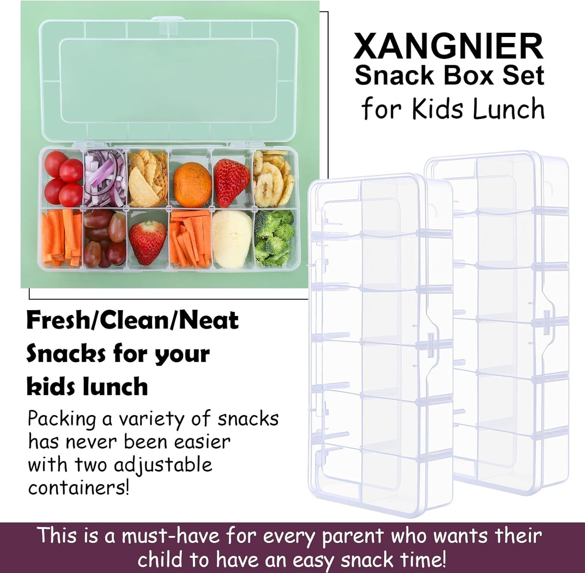 XANGNIER Snack Box Container for Kids Lunch Accessories,Divided Snackle Box Charcuterie Container,12 Compartments Reusable Food Storage Containers for School, Travel,Work,Bento Box Accessories