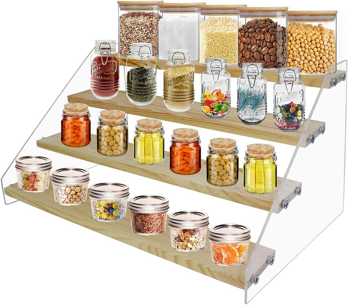 VAEHOLD Spice Rack Organizer for Cabinet & Countertop - Seasoning Organizer Spice Shelf - Space Saving Wooden Display Risers Shelf Showcase Fixtures Jewelry (5 Tier)