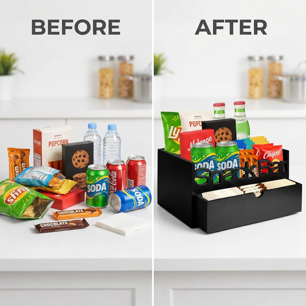 Snack Bar Organizer – Black 5 Compartment Station, Countertop Pantry Organizer for Kitchen, Office Food Holder, Candy Storage Bin, Display Stand, Cabinet Tray & Shelf