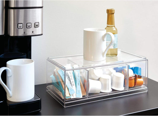 iDesign XL Tea Bag Organizer for Counter, 4-Section Clear Stackable Tea Storage Drawer for Cabinet
