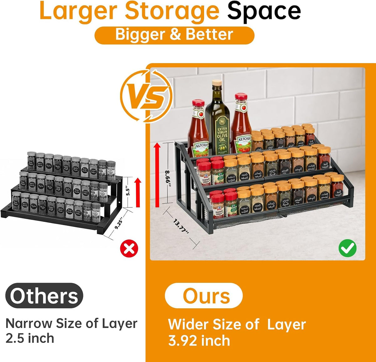 3 Tier Expandable Spice Rack Organizer for Kitchen,13.7"-23.6" Heavy Duty Spice Organization Shelf,Metal Pantry Storage Shelves Racks, Good Space for for Pantry, Counter top,Patent Pending