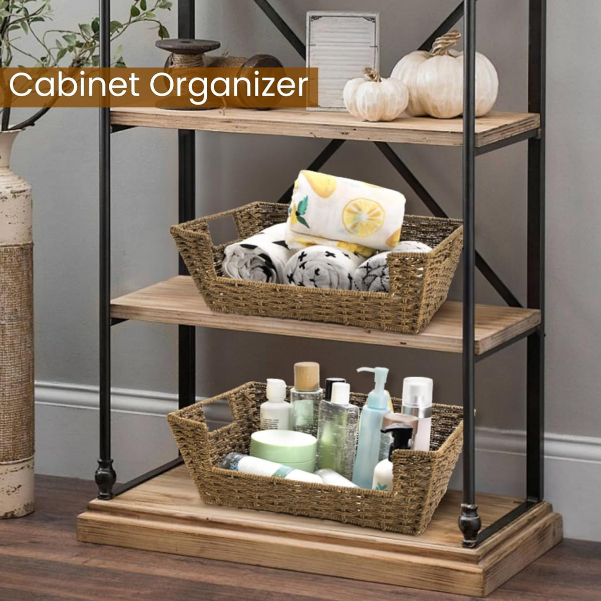 2 Pack Open Front Storage Baskets, Brown Paper Rope Woven Basket with Built-in Handles, 13''W x 10.6''D x 4.7''H Pantry Organzier Bins for Shelf, Bedroom, Living Room, Pantry
