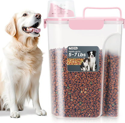 Dog Cat Food Storage Container 3-5lb, Pet Food Container Airtight with Large Spout & Cup, BPA-Free Plastic Food Dispenser for Pet Food, Bird Seed, Rice, Flour (Pink (3L-1pack))