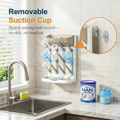GoMaihe Baby Bottle Drying Rack: Space Saving Vertical Bottle Dryer Holder - Newborn Accessories Storage Stand Organize Brushes Pacifiers on Countertop - BPA-Free - Gray