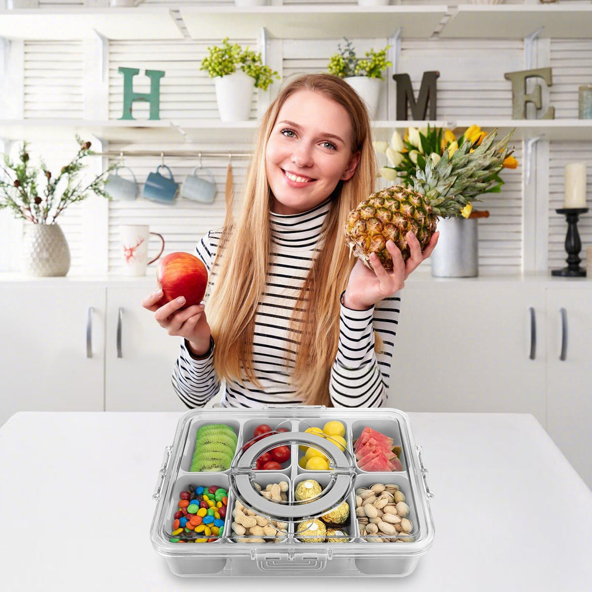 Divided Serving Tray with Lid and Handle,8 Compartments Snacks Box,Snack Fruit Tray,Veggie Tray,Portable Platter for Candy Fruits Nuts Snack Party Entertaining Picnic