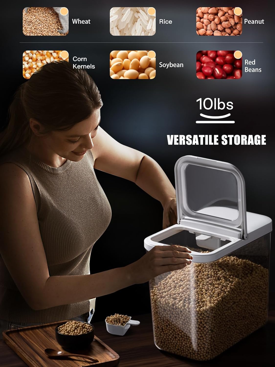 LivLab Mker Rice Storage Container -10Lbs/1.3Gal/6KG Rice Container Airtight Grain Dispenser Kitchen Pantry Organizer with Measuring Cup, BPA-Free, Clear Design for Dry Food