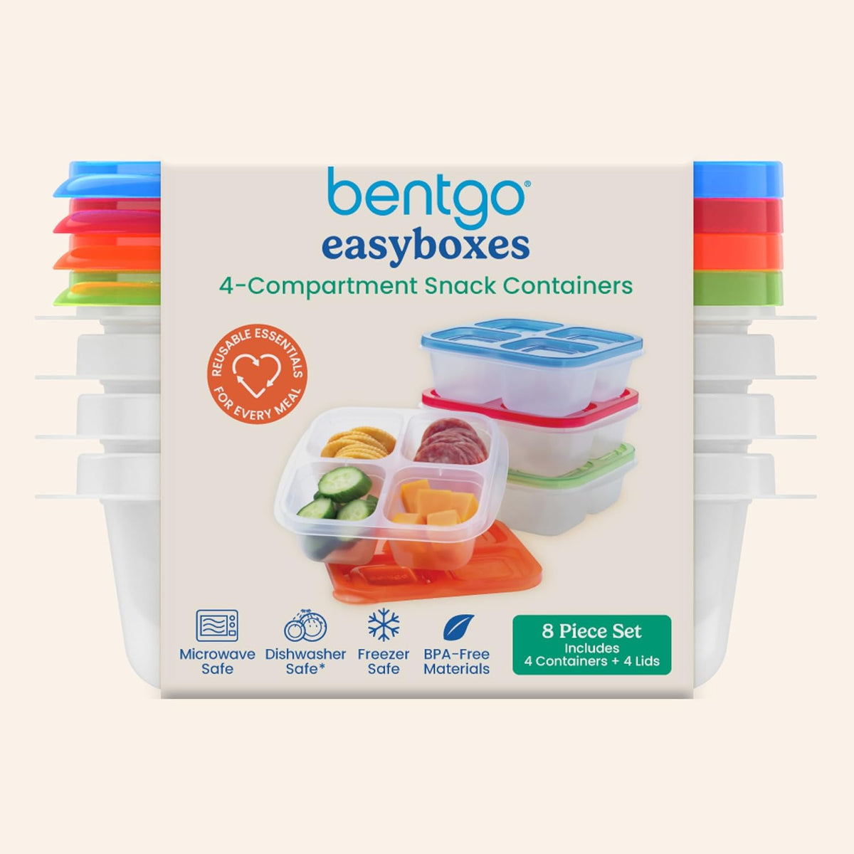 Bentgo Easyboxes 4-Compartment Snack Containers - 8-Piece Set with 4 Trays & 4 Custom-Fit Lids to Seal in Freshness - Reusable Food Storage & Meal Prep Bento BPA-Free Containers (Brights 4-Pack)
