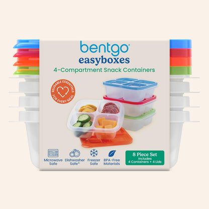 Bentgo Easyboxes 4-Compartment Snack Containers - 8-Piece Set with 4 Trays & 4 Custom-Fit Lids to Seal in Freshness - Reusable Food Storage & Meal Prep Bento BPA-Free Containers (Brights 4-Pack)