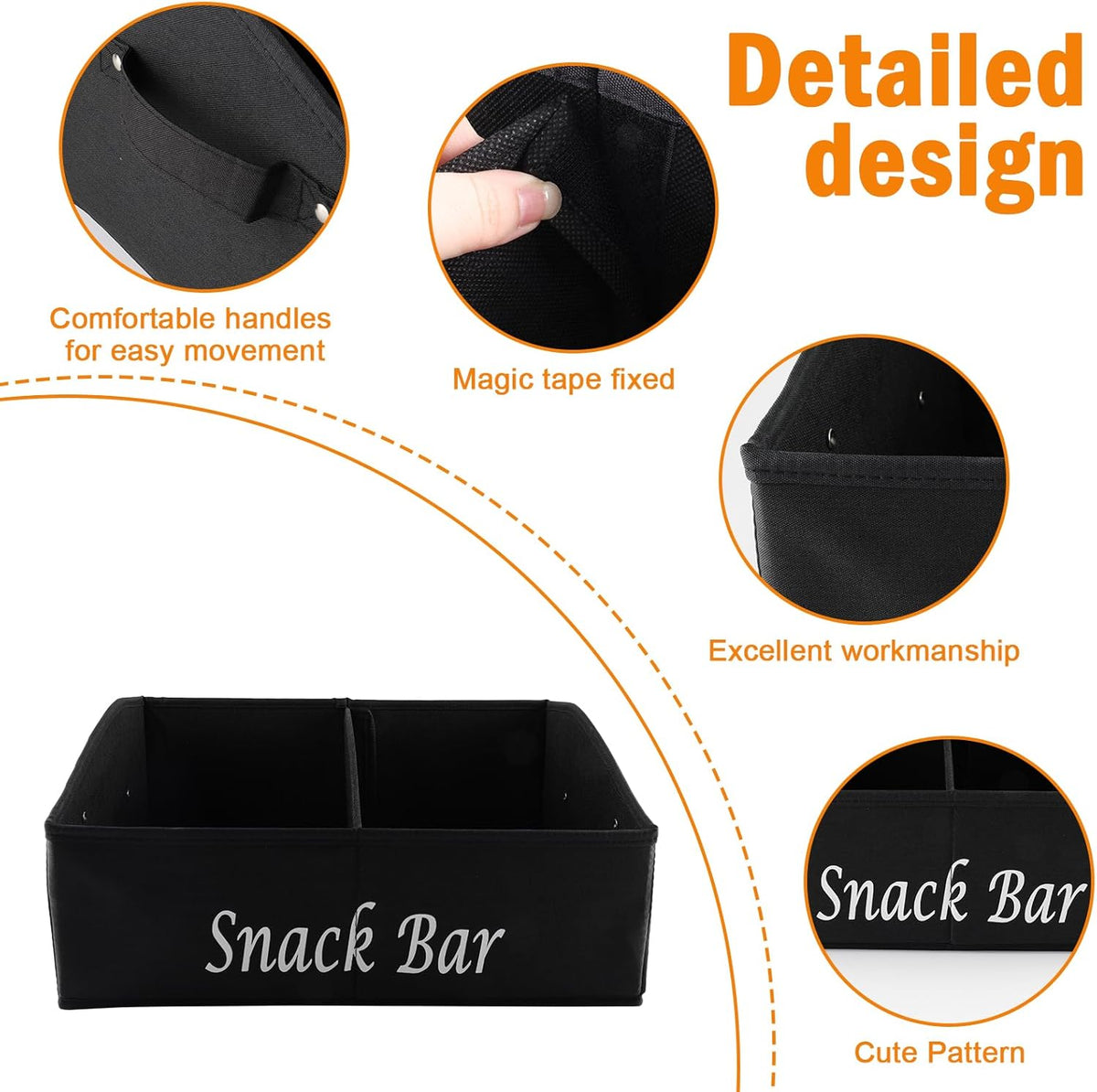 Snack Organizer for Countertop, Fabric Snack Organizer with Handles, 2 Large Compartment Snack Container Snack Basket, Snack Bar Station Decor, Kitchen Pantry Organizer and Storage, Black