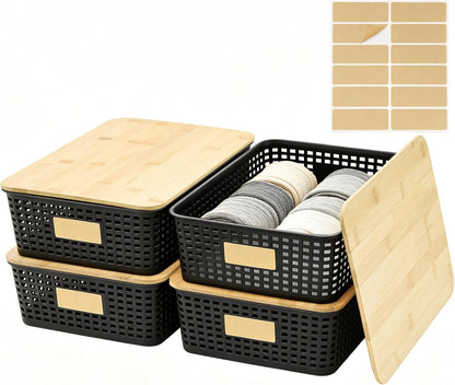 Bagnizer Small Plastic Storage Bins with Bamboo Lids 5.2qt Stackable Box Basket Pantry Decorative Containers Cute with Labels for Organizing Desktop Closet Office Cream White of 10*7.2*4.1"