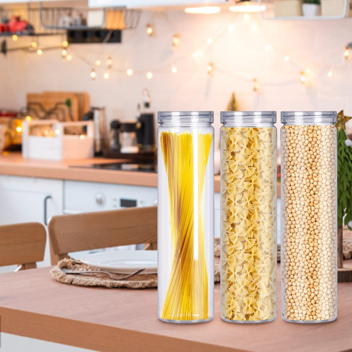 6Pcs Spaghetti Pasta Storage Containers with Lids,Tall Clear Pasta Storage Containe for Noodles Flour Cereal Sugar Beans, Spaghetti Pantry Container