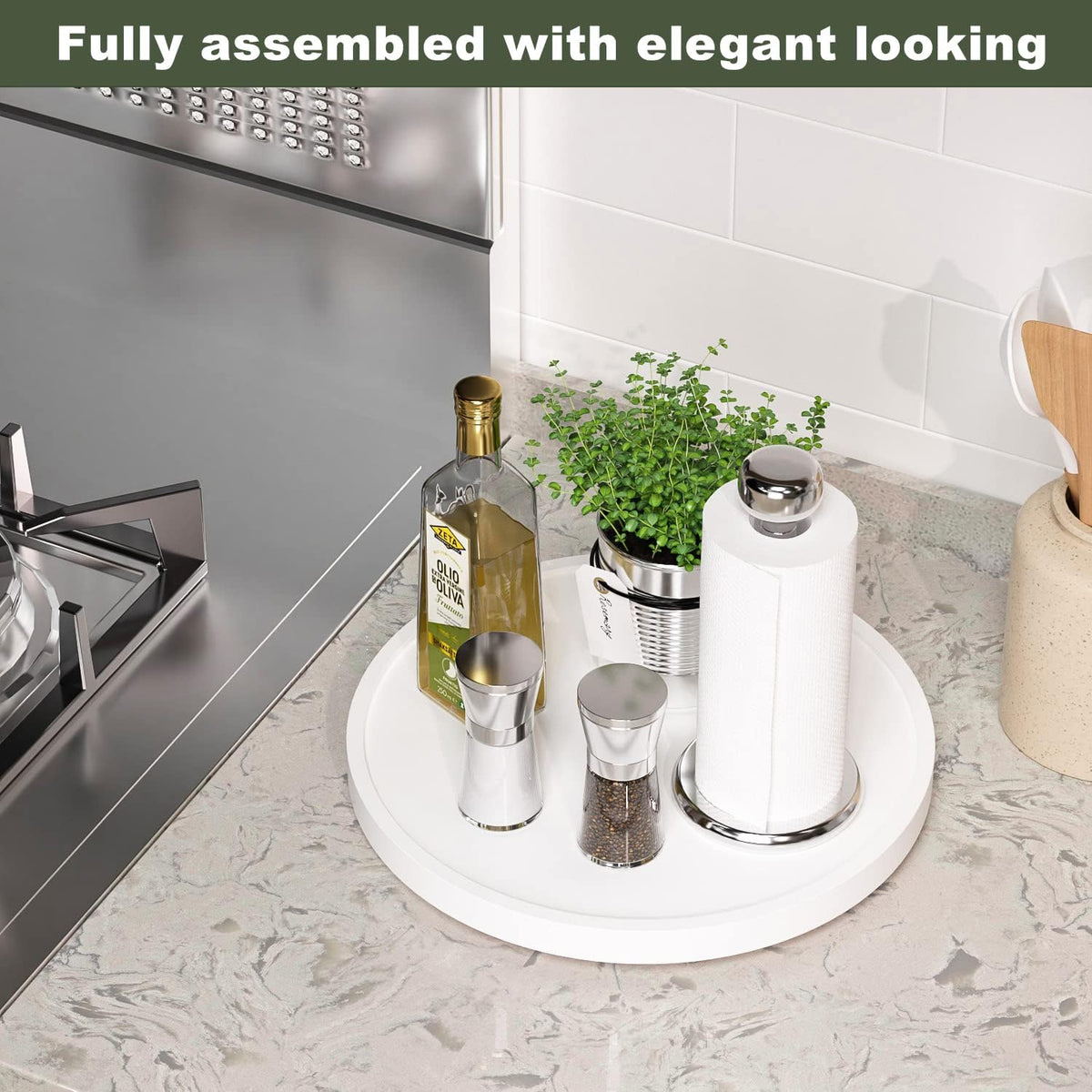 Lazy Susan Organizer, 10 Inch Non-Skid Bamboo Turntable Organizer for Salt Pepper Olive Oil and Spices Next to Stove, Wooden Lazy Susan for Table or Kitchen Countertop Organizer