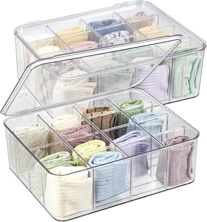 ZEXALOR Plastic Clear Storage Containers, Set of 2 Tea Bag Organizer Boxes 8 Compartments with Lids, Underwear Tie Drawer Organizer, Dresser Organizer (10.8×7×3.7")