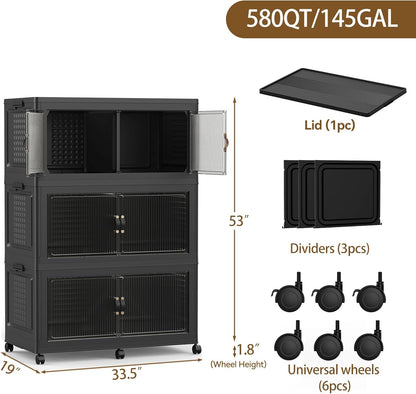 SAILUN 145Gal/580Qt Stackable Storage Bins Folding Collapsible Storage Bins with a Lid, Closet Organizers and Storage,White 26" W x 17" D x 71" H