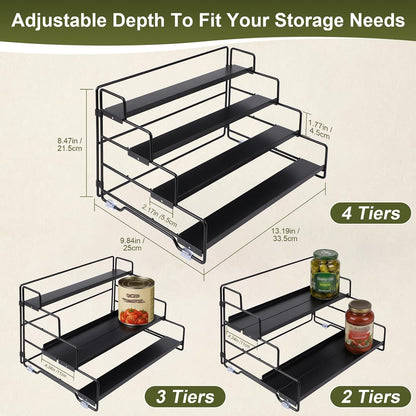Spice Rack Organizer for Cabinet, Tiered Adjustable Spice Shelf Organization, Metal Seasoning Rack for Kitchen Countertop Cupboard Pantry, Raised Edge Anti-Slip Design for Jars and Bottles