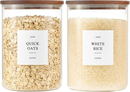 Glass Rice Containers with Acacia Wood Lids, 70oz Airtight Flour and Sugar Jars with 105 Labels, Large Glass Pantry Storage Jars for Cereal, Protein Powder, Cookies, Dry Food