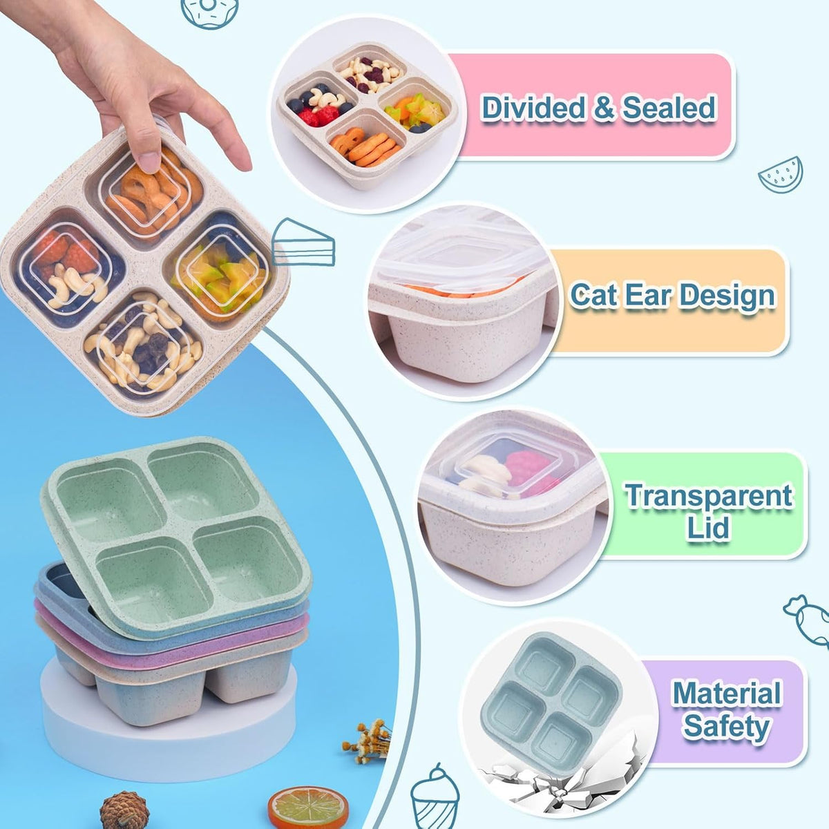 LCHLZZ Snack Containers, Divided Bento Snack Box, 4 Compartments Reusable Meal Prep Lunch Containers for Kids Adults, Food Storage Containers for School Work Travel