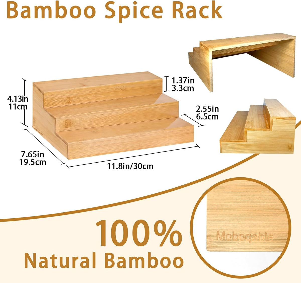 Spice Rack Organizer for Cabinet - 2PCS 11.8in Bamboo Spice Shelf | 3 Tier Seasoning Organizer for Countertop, Kitchen, Pantry - Apply to Standard Spice Jars, Vitamin Bottles, Sauce Cans