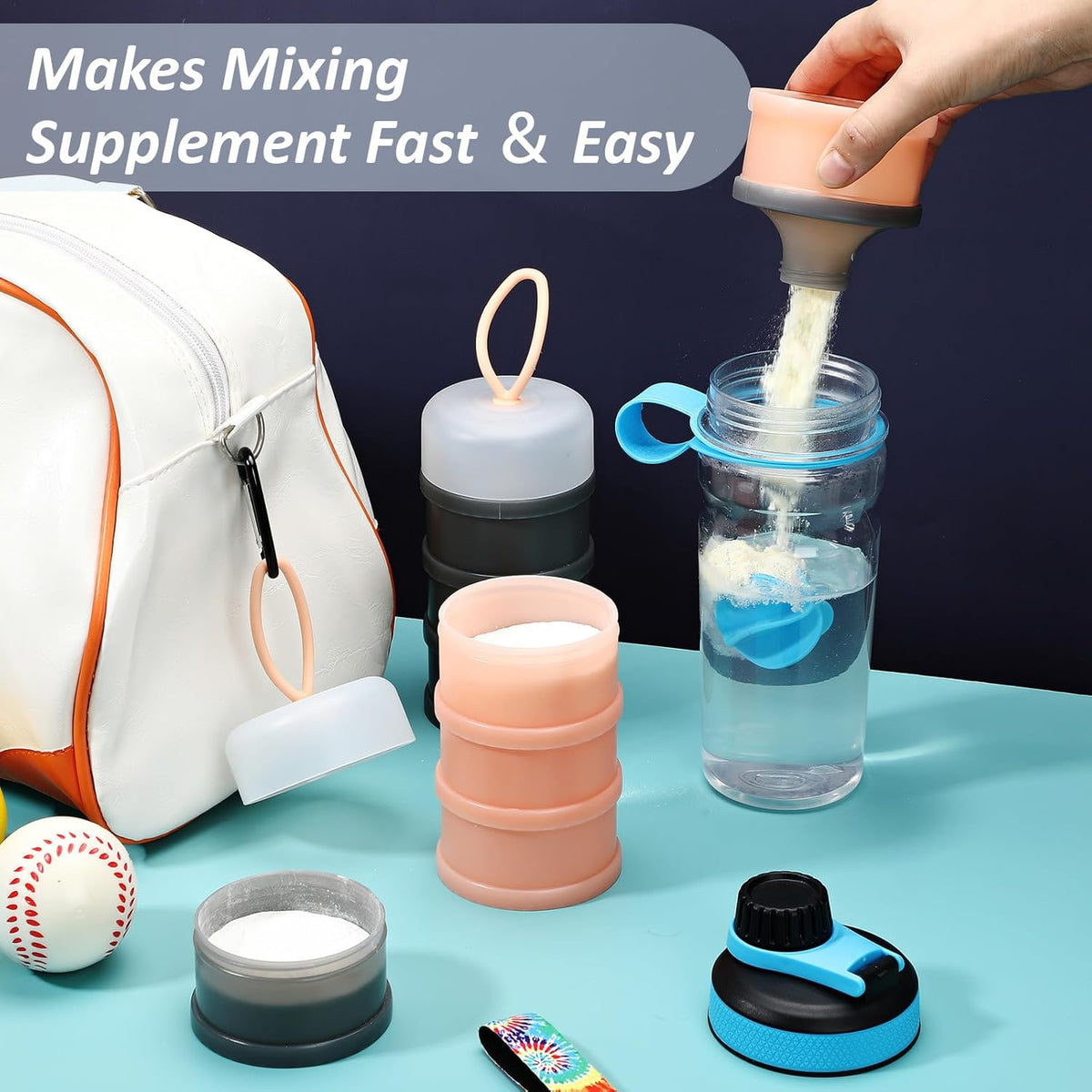 Baderke 2 Pcs Protein Powder Container with Funnels Stand, 4 Stackable Leakproof Protein Powder Dispenser, Portable Keychain Powder Container for Workout, Fitness, Travel(Gray, White)