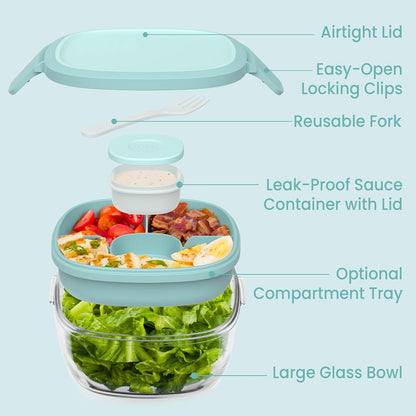 Bentgo Glass Prints Salad Container - 7.6-Cup Tinted Glass Salad Bowl with Airtight Lid, Leak-Proof Sauce Container, 4-Compartment Bento Meal Prep Tray & Reusable Fork (Floral Maximalist - Sea)