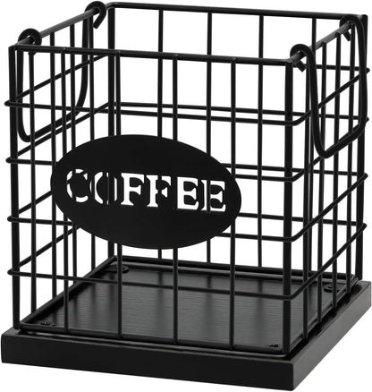 Coffee Pod Holder Organizer,Large Capacity K Cup Holder Organizer, Storage Basket for Kitchen Countertop Office Coffee Bar with Wooden Base(Rustic Brown-Square)