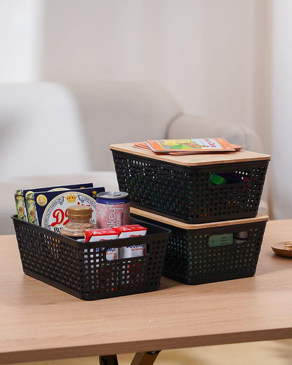 Small Storage Bins with Lids 6 Packs, Plastic Storage Basket with Bamboo Lid for Pantry Organization and Storage Containers for Shelves Drawers Desktop Closet Playroom Office Home, White