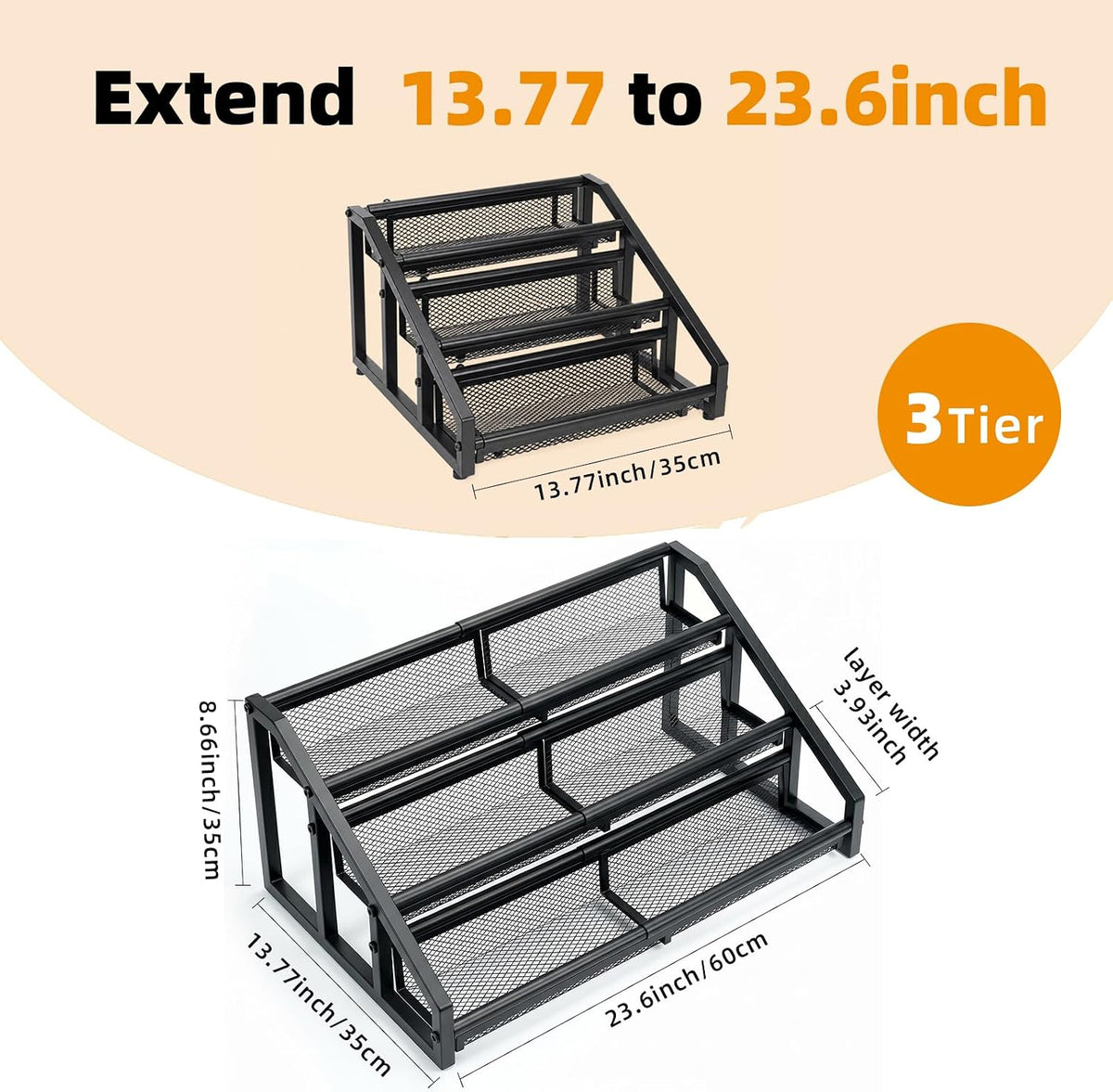 3 Tier Expandable Spice Rack Organizer for Kitchen,13.7"-23.6" Heavy Duty Spice Organization Shelf,Metal Pantry Storage Shelves Racks, Good Space for for Pantry, Counter top,Patent Pending