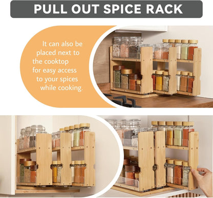 Bamboo Pull Out Spice Rack Organizer for Cabinet, 3 Slide-Out Drawers(2"&3") with Wide Drawer for Large Bottles, Kitchen Pantry Heavy-Duty Sliding Vertical Organization, 8.6"W,2-Tier,Natural