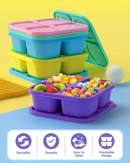Canfanni 5 Pack Bento Snack Containers, 4 Compartment BPA-free Plastic Food Storage Containers, Divided Lunchable Container, Bento Lunch Box for Work and Travel