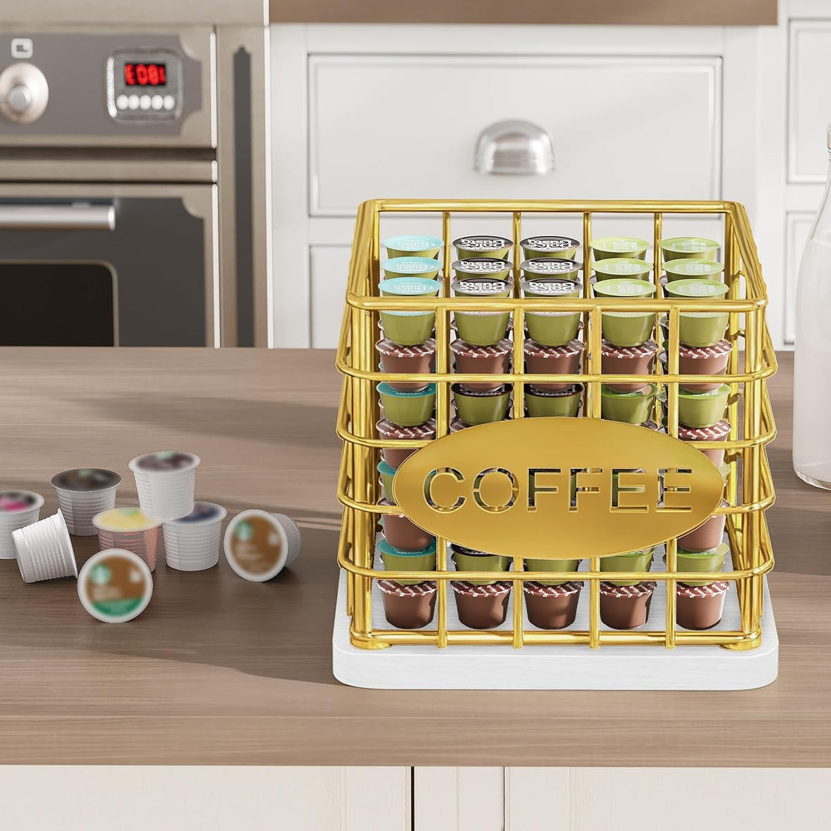 YATINEY Coffee Pod Holder for K Cup, Large Capacity Coffee Pod Organizer, Versatile Coffee Capsule Storage Basket with Wooden Base, White KH10WN