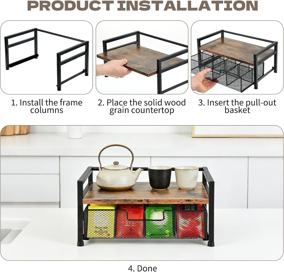 Tea Bag Organizer - 13"×7.9"×6.4" Wooden Tea Bag Holder with 8-Compartment Pull-Out Metal Mesh Drawer, Anti-Fall Guardrail Teabag Organizers and Storage Chest for Kitchen & Desk Countertop