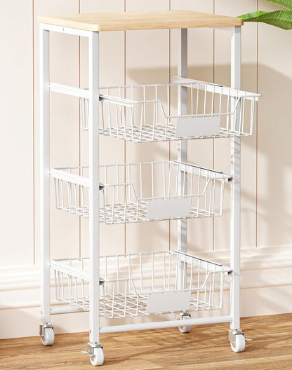 OKZEST 4-Tier Kitchen Storage Cart on Wheels – Mobile Fruit Basket Stand with Drawers & Wooden Top, Small Rolling Pantry Shelf for Potatoes, Onions, Bottled Drinks, Cans, Snacks – Includes 3 PE Liners