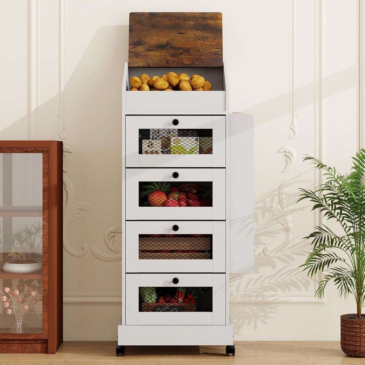 ARTETHYS Potato and Onion Storage Bin for Pantry 5-Tier Rolling Fruit and Vegetable Organizer with Spice Rack on Wheels Movable Large Bread Box Cabinet with 4 Ventilated Drawers for Kitchen, Rustic