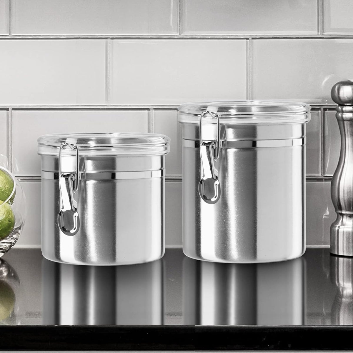 Oggi Stainless Steel Kitchen Canister 152 fl oz - Airtight Clamp Lid, Clear See-Thru Top - Ideal for Kitchen Storage, Food Storage, Pantry Storage. Jumbo Size 8" x 8".