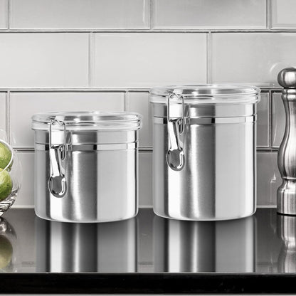 Oggi Stainless Steel Kitchen Canister 152 fl oz - Airtight Clamp Lid, Clear See-Thru Top - Ideal for Kitchen Storage, Food Storage, Pantry Storage. Jumbo Size 8" x 8".