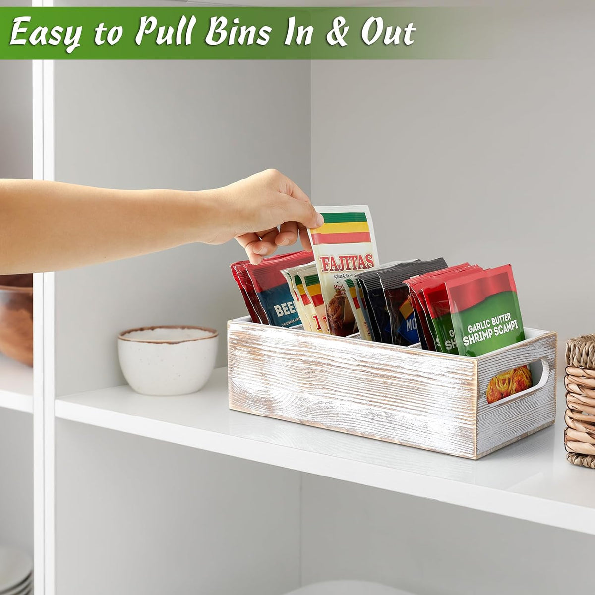 DRASTAR Pantry Organization and Storage Bins, Seasoning Packet Organizer with Removable Dividers,Wooden Storage Caddy for Kitchen, Pantry, Cabinet, Countertop， Whitewashed