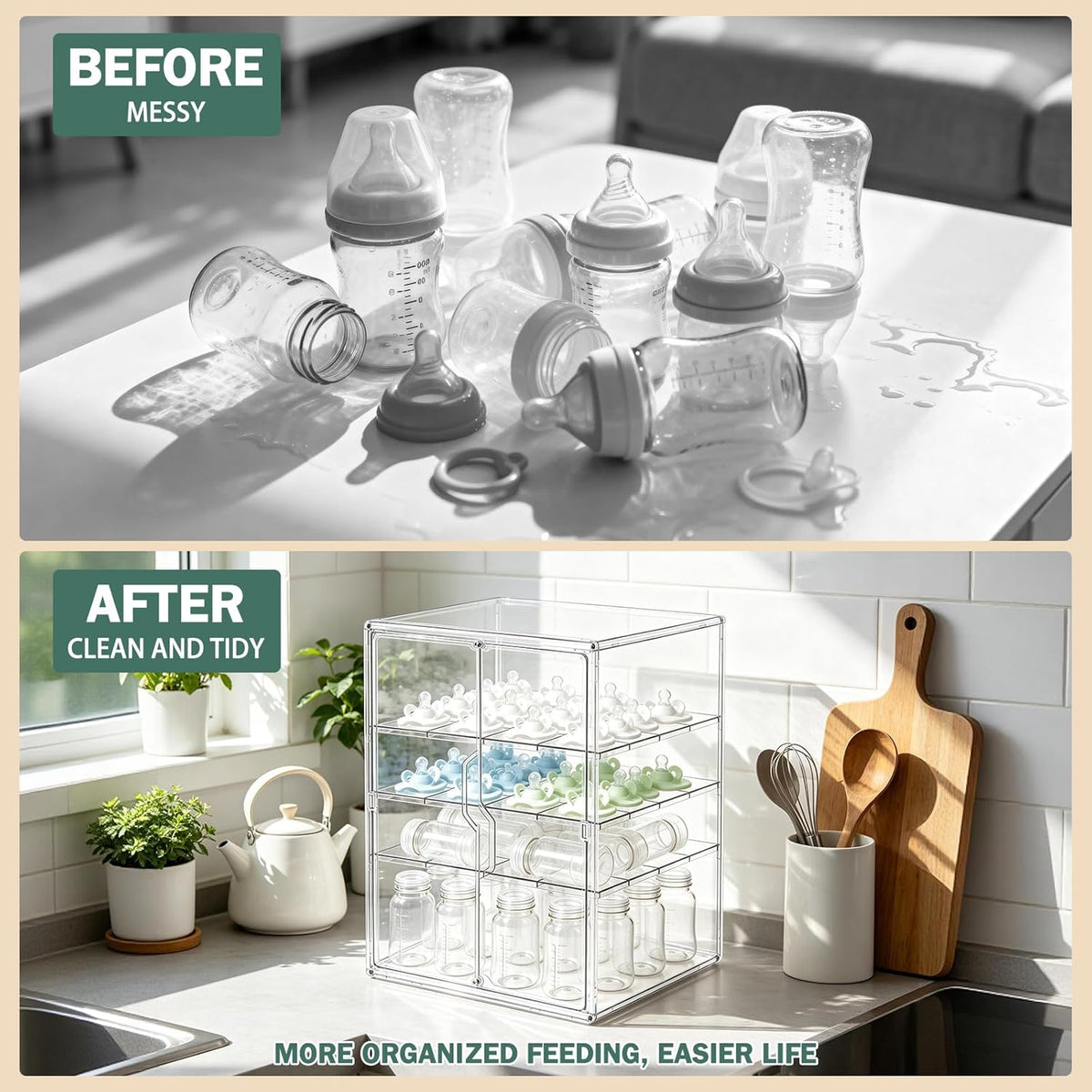 Baby Bottle Organizer, 3-Tier Bottle Storage for Countertop with Double Magnetic Doors, Clear Plastic Bottle Station Organizer Mom Gifts with 2 Dividers for Kitchen, Bathroom, Cabinet, Vanity