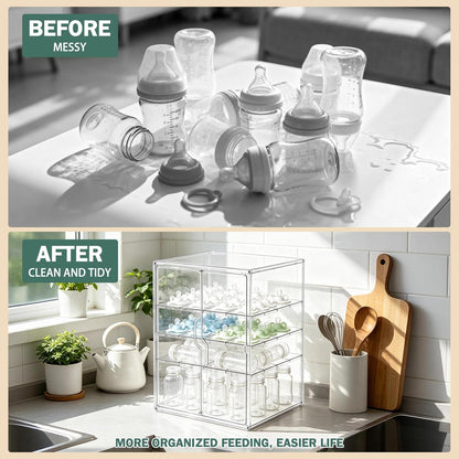 Baby Bottle Organizer, 3-Tier Bottle Storage for Countertop with Double Magnetic Doors, Clear Plastic Bottle Station Organizer Mom Gifts with 2 Dividers for Kitchen, Bathroom, Cabinet, Vanity