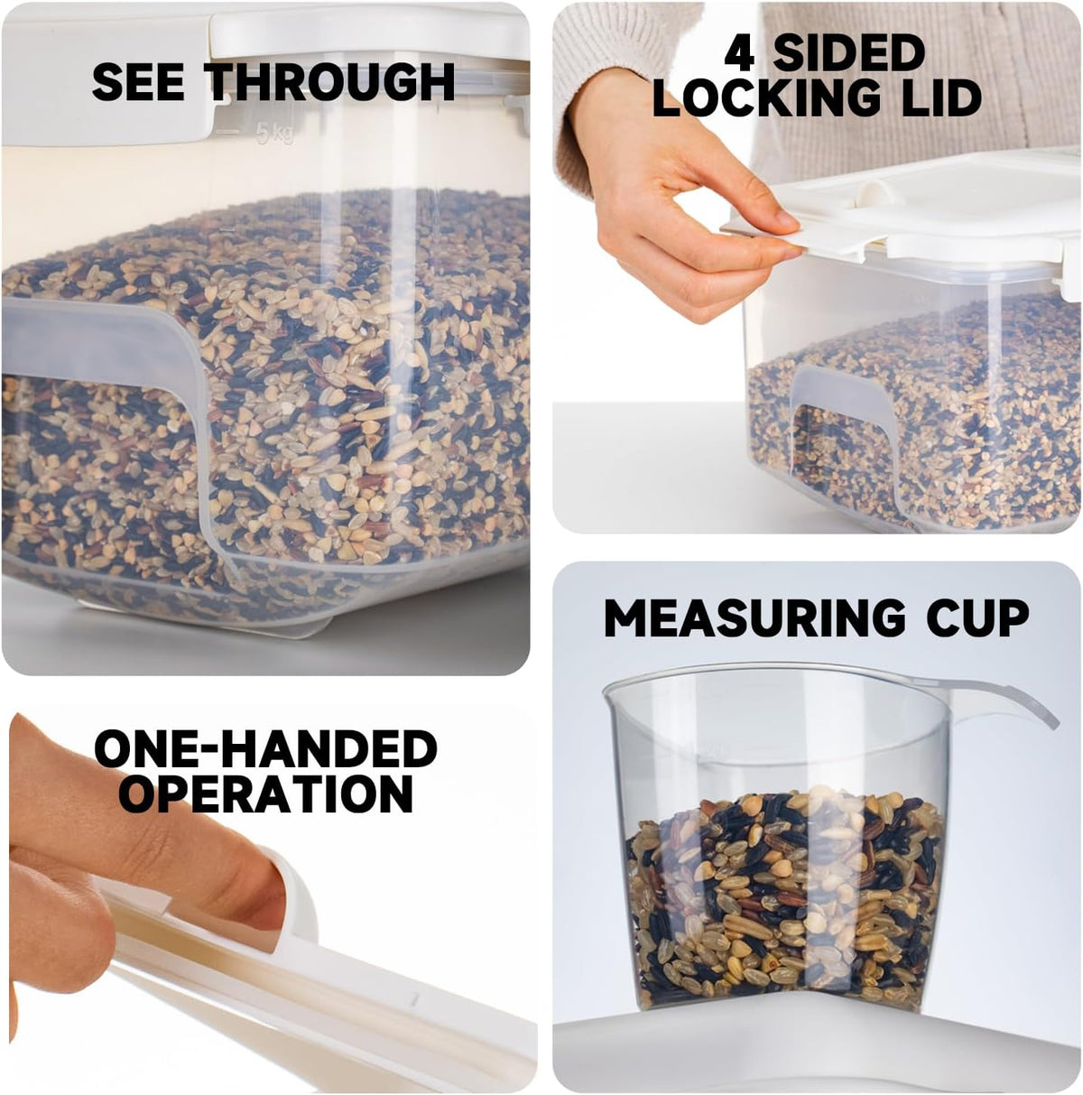LivLab Mker Rice Storage Container -10Lbs/1.3Gal/6KG Rice Container Airtight Grain Dispenser Kitchen Pantry Organizer with Measuring Cup, BPA-Free, Clear Design for Dry Food