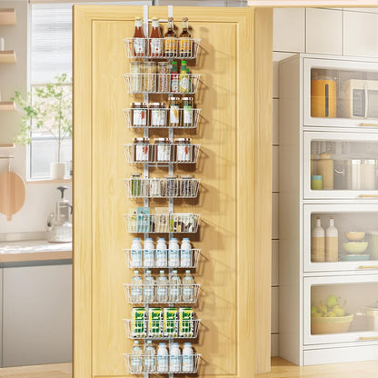 10 Tier Over the Door Pantry Organizer, Over the Door Spice Rack with Adjustable Baskets, Metal Hanging Door Pantry Organizers and Storage for Kitchen Bathroom Bedroom, White