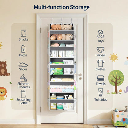 Yecaye Over the Door Organizer 5 Tiers, Heavy Duty Hanging Storage with 5 Large Clear PVC Pockets and 10 Side Pockets, 56lbs Capacity for Closet Door Bathroom Bedroom Nursery Dorm Laundry Room, Grey