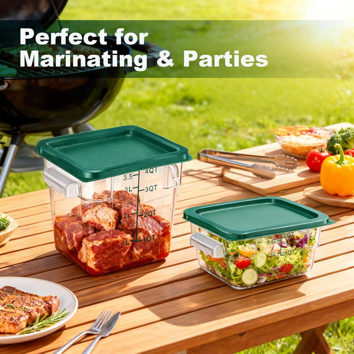 4 Pack 4QT Food Storage Containers with Green Lids, Clear Square Restaurant Commercial Food Storage Containers with Handle and Scale, Marinating Container Dough Rising Bucket for Home & Dining