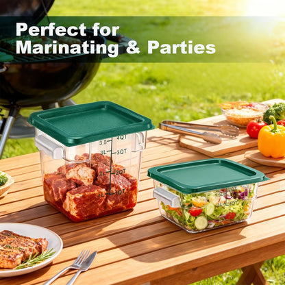 4 Pack 4QT Food Storage Containers with Green Lids, Clear Square Restaurant Commercial Food Storage Containers with Handle and Scale, Marinating Container Dough Rising Bucket for Home & Dining