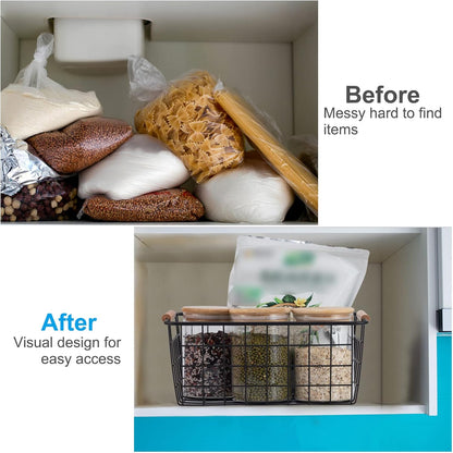 Black Wire Storage Baskets with Wooden Handles - Organizing Pantry and Kitchen Cabinets - Metal Wire Food Storage Basket