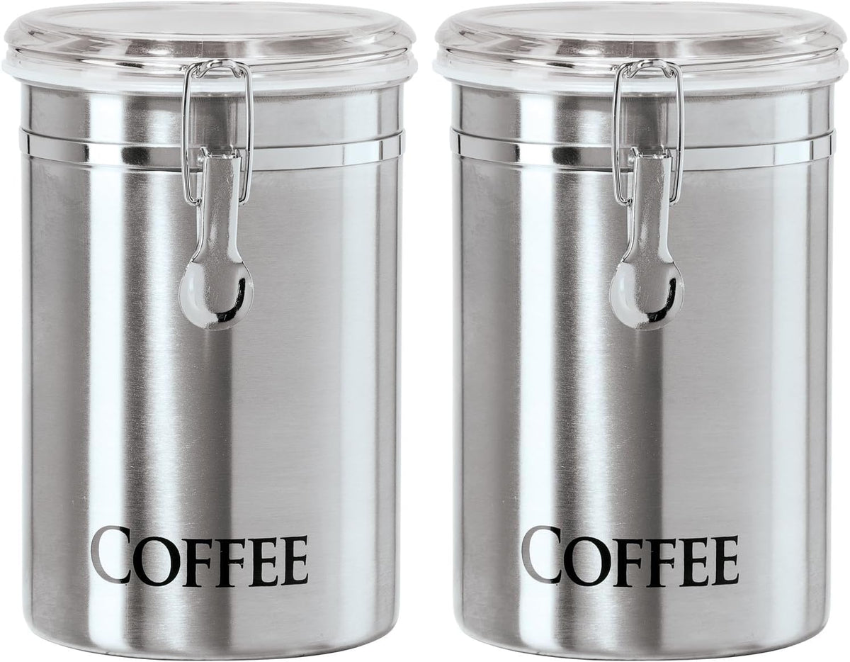 Oggi Stainless Steel Sugar Canister 62 fl oz - Airtight Clamp Lid, Clear See-Thru Top - Ideal Sugar Container for Countertop, Sugar Jar, Bulk Sugar Storage. Large Size 5" x 7.5".